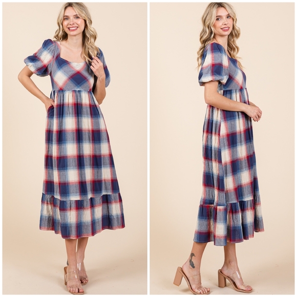 POLAGRAM Plaid Pattern Short Sleeves Midi Dress - Picture 10 of 11